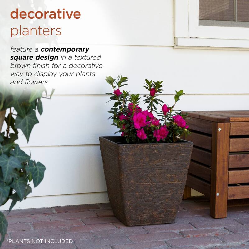 Alpine Corporation Indoor/Outdoor Stone-look Squared Planter, Large, Brown (Set of 2)