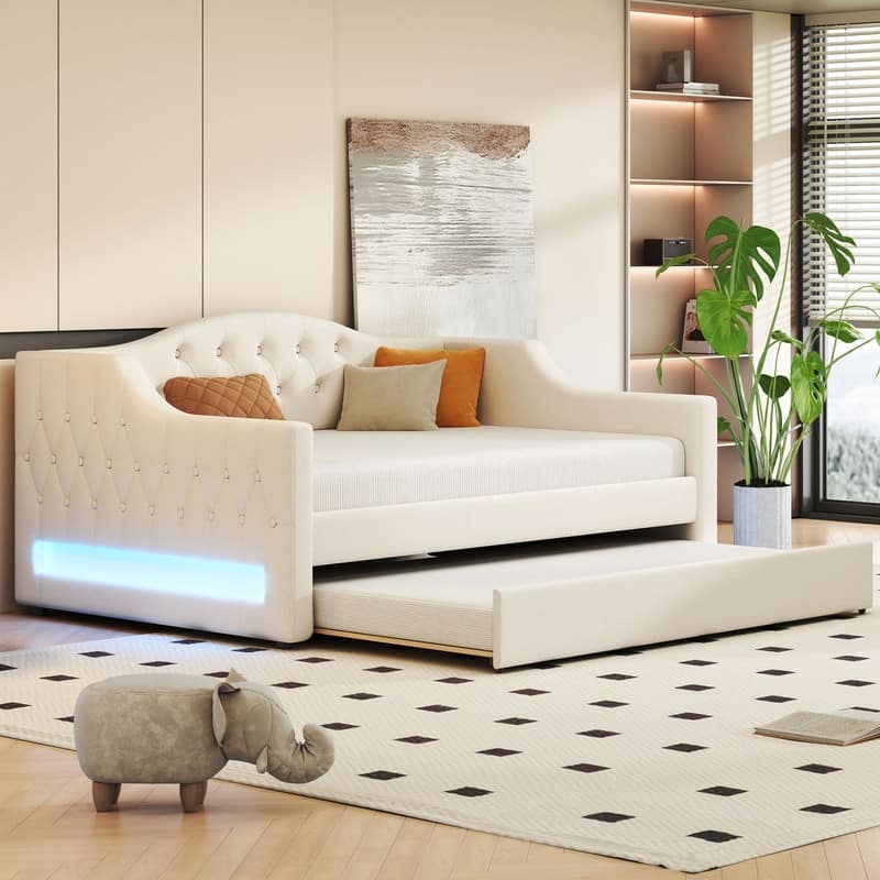 Full XL Size Upholstered Daybed with LED Belt and Trundle