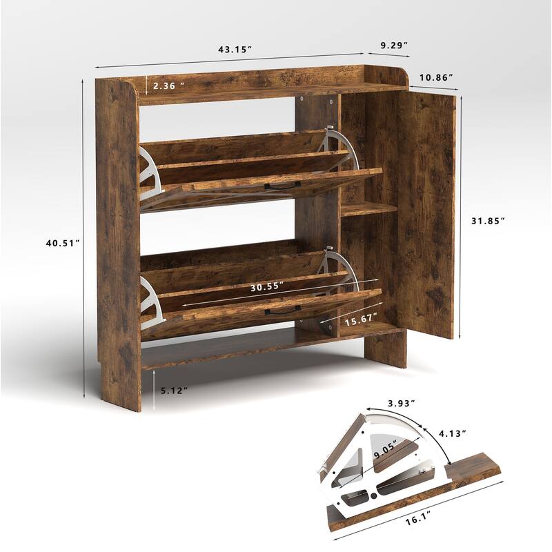 Distressed Shoe Storage Cabinet with 2 Flip Drawers, Freestanding Organizer Narrow Shoe Rack Cabinet