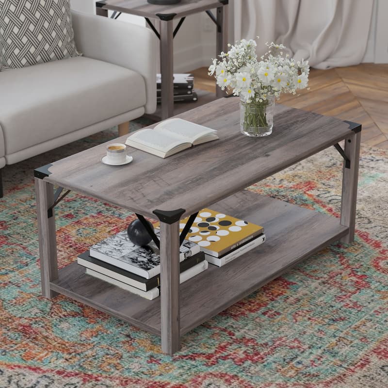 2-Tier Coffee Table with Metal Side Braces and Corner Caps