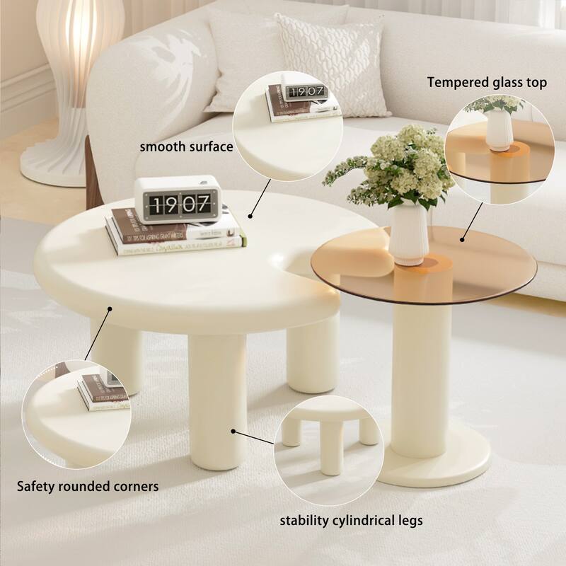 50.4" Two‑Piece Coffee Table with White Round Tops & Rounded Edges