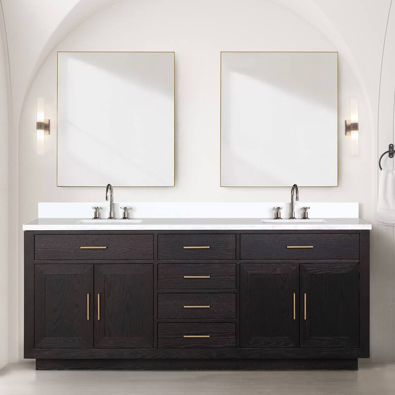 Abbey 60 in W x 22 in D Black Oak Double Bath Vanity, Cultured Marble Top, Faucet Set, and 28 in Mirrors