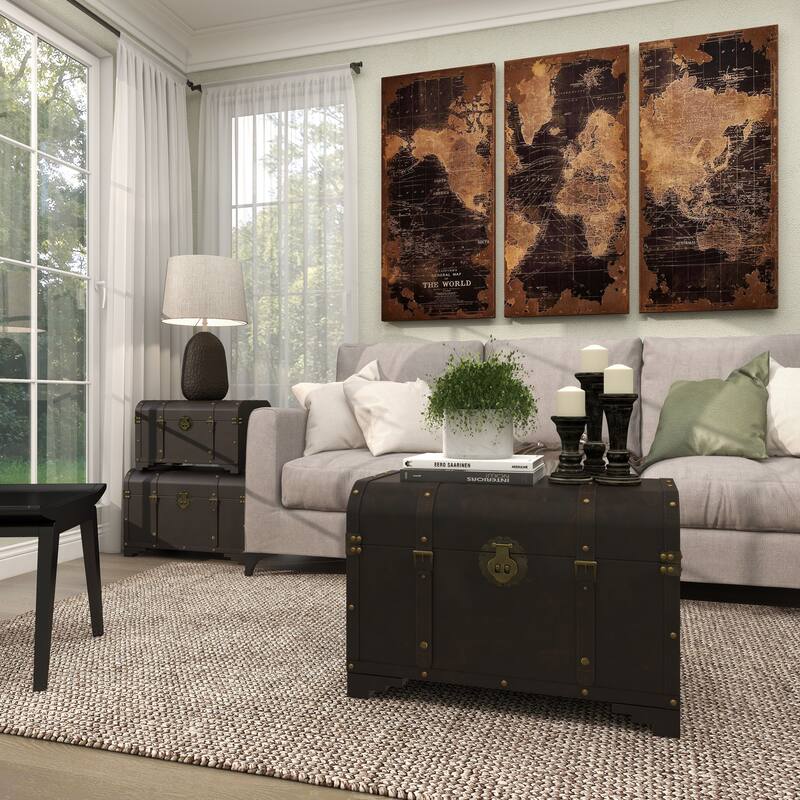 Brown Wooden Nesting Upholstered Decorative Trunk with Vintage Accents and Studs (Set of 3)