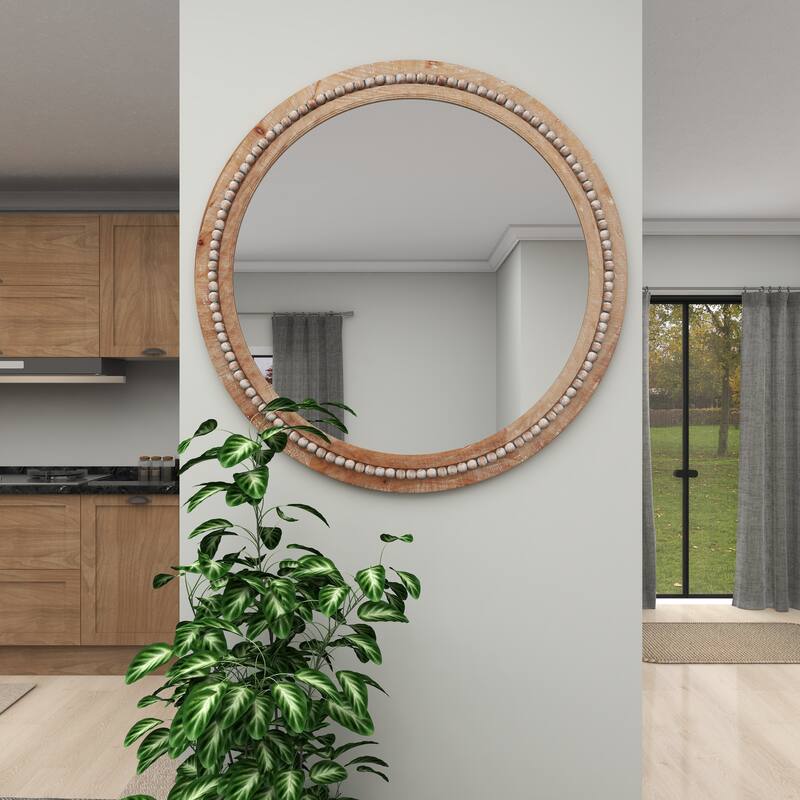 Contemporary Wood Distressed Wall Mirror with Beaded Detailing - Brown or White