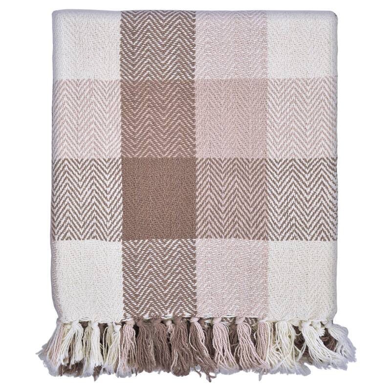 Fabstyles Herringbone Checkered Cotton Throw Blanket with Fringes