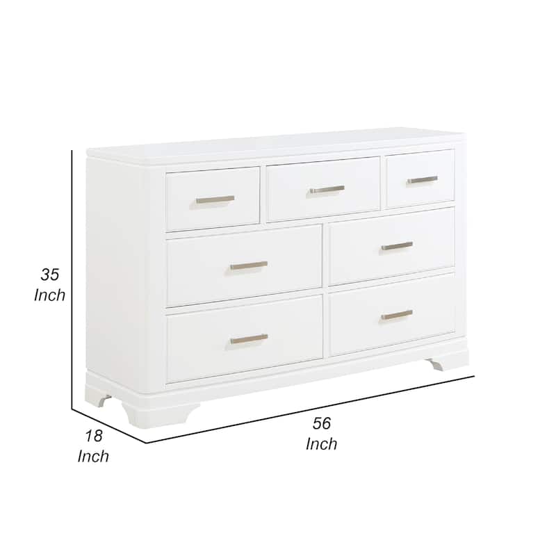 Hudy 56 Inch Dresser, 7 Drawers w Metal Handles, White Birch Veneer