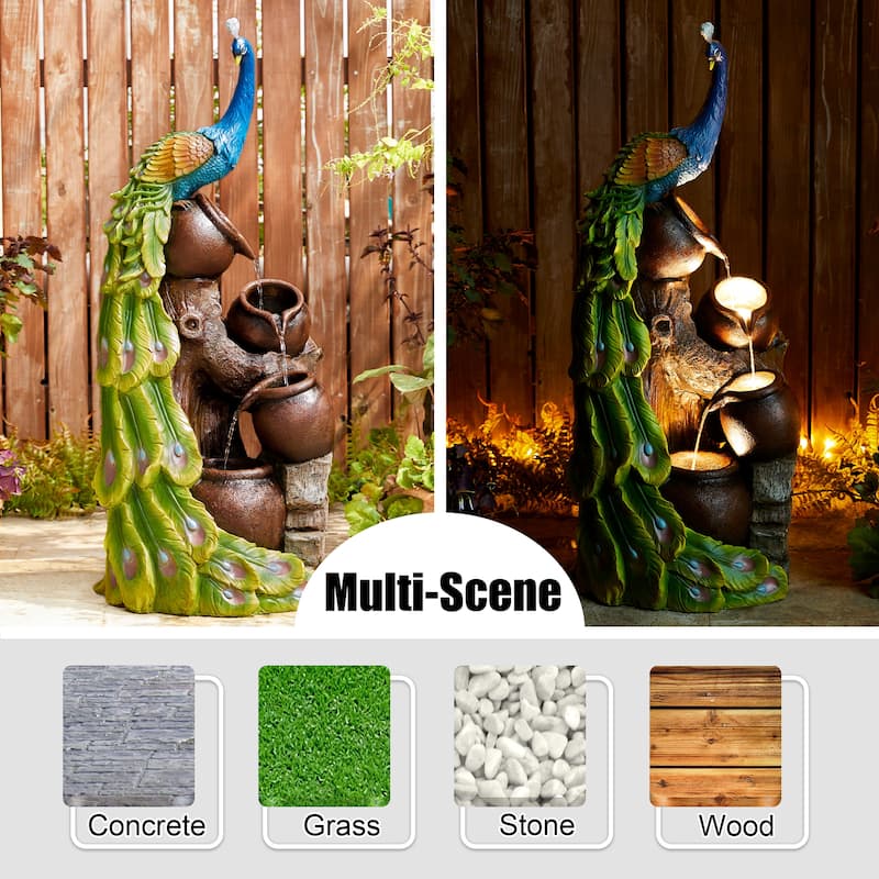 Glitzhome 40"H Oversized 4-Tier Peacock Jars Polyresin LED Lighted Outdoor Floor Fountain