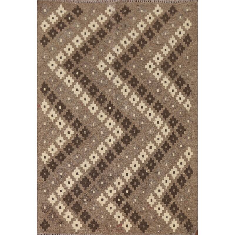 Brown Geometric Kilim Oriental Area Rug Flatweave Wool Carpet - 3'5"x 4'11"