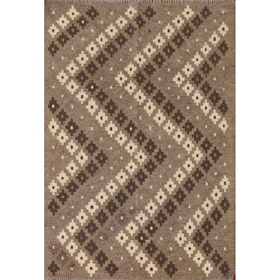 Brown Geometric Kilim Oriental Area Rug Flatweave Wool Carpet - 3'5"x 4'11"