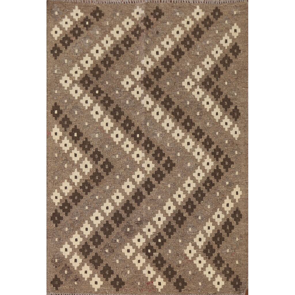 Brown Geometric Kilim Oriental Area Rug Flatweave Wool Carpet - 3'5"x 4'11"
