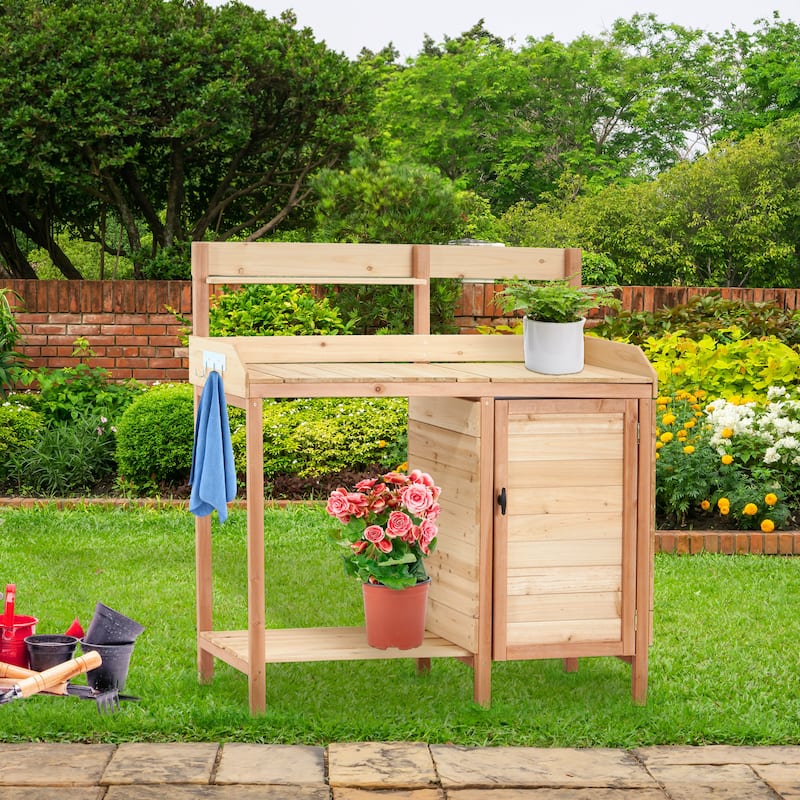 Anmytek Wooden Potting Bench Table with Sink and Storage Shelves Outdoor Garden Workstation for Patio - 42*17*43.5