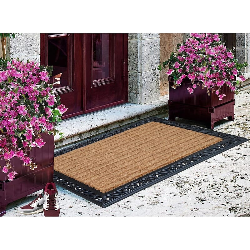 A1HC Rubber and Coir Striped Border Durable Double Door Doormat Black/Beige - 30"X48"