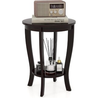 Modern 2-Tier Round Side Table with Storage Shelf, Solid Rubber Wood ...