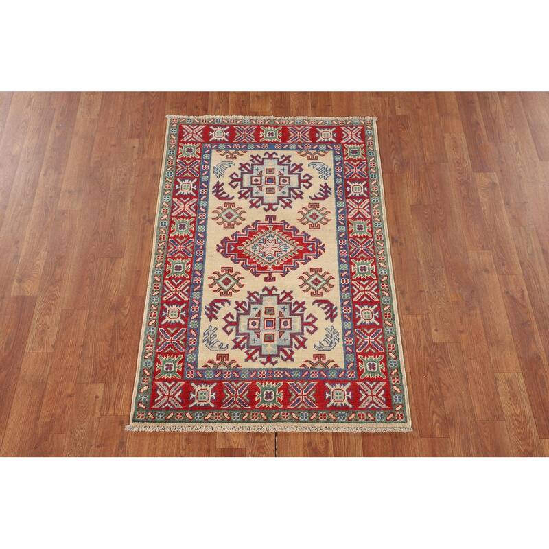 Kazak Foyer Rug Hand-Knotted Oriental Beige Wool Carpet - 2'8" x 4'1"