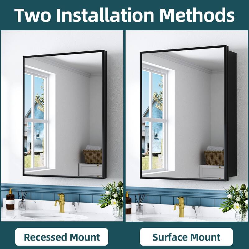 Elise Iron Medicine Cabinet with Mirror, Adjustable Shelves, Recessed or Wall Mount