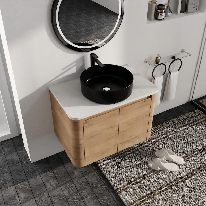 Malwee 24"/30" Floating Bathroom Vanity, Wall Mounted Bathroom Vanity with Ceramic Sink and Soft Close Door - 29.5"×18.5"×24.4" - Brown-Matt Black Sink