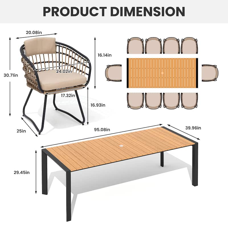 7/9-Piece Outdoor Patio Dining Set Aluminum Dining Table with Umbrella Hole and PE Rattan Chairs