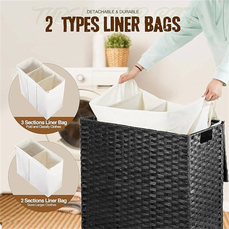 Laundry Hamper with Lid, 125L Large Clothes Hamper with 3-Section and 2-Section - 25.6"L x 13"W x 23.6"H