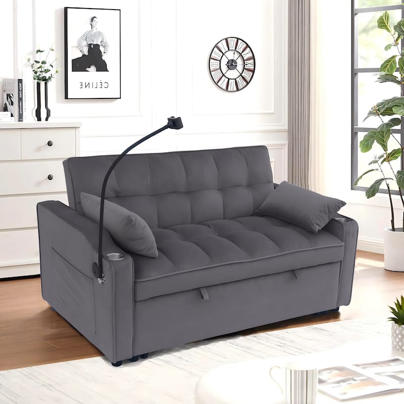 Dark Gray Velvet Convertible Loveseat Sofa Bed with Adjustable Back