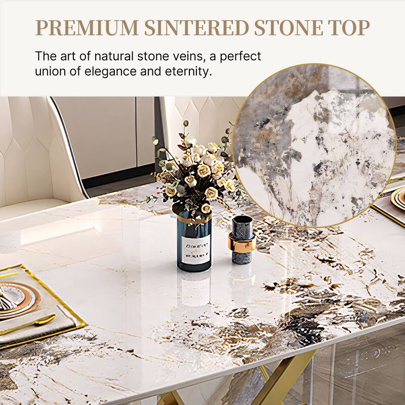 71" Rectangular Modern Dining Table, Glossy Stone tabletop, Luxury Kitchen Table for Dining Room, for 6