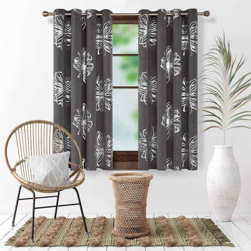 Deconovo Silver Floral Thermal Insulated Curtain Panel Pair(2 Panel) - 52W x 63L Inch - Dark Grey