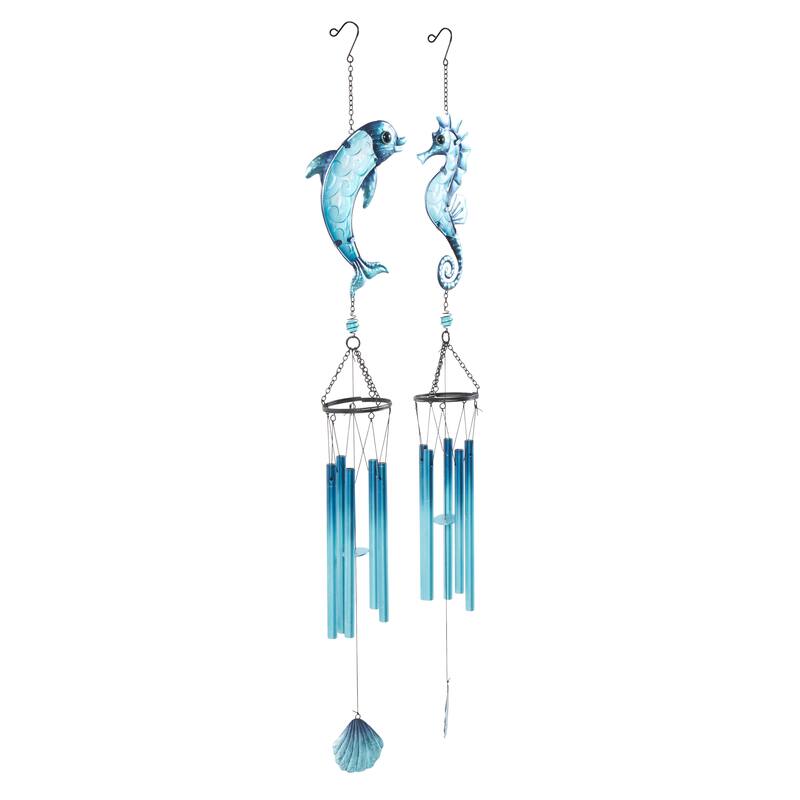 Blue Metal Animals Sea Life Windchime with Dangling Seashells (Set of 2)