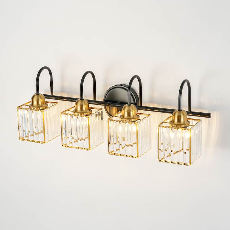 3/4-Light Mid-Century Modern Black and Gold Bathroom Vanity Light Cylinder Crystal Wall Sconces Lighting