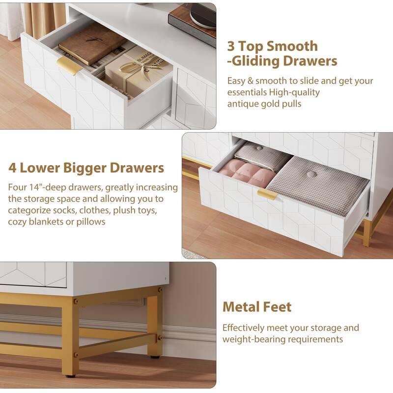 53.5" Wide 7-Drawer Dresser with Gold Metal Handles & Legs, Modern Storage Organizer for Bedroom or Hallway