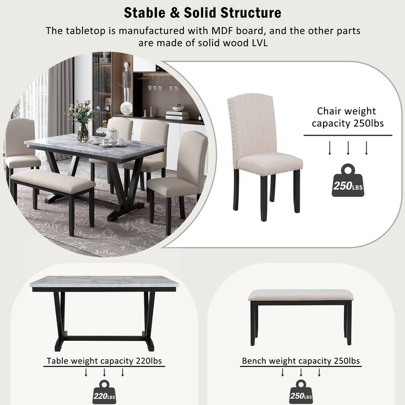 Modern 6-Piece Dining Table Set with Marble Veneer, 4 Upholstered Chairs & Bench, V-Shaped Table Legs for Dining Room & Kitchen