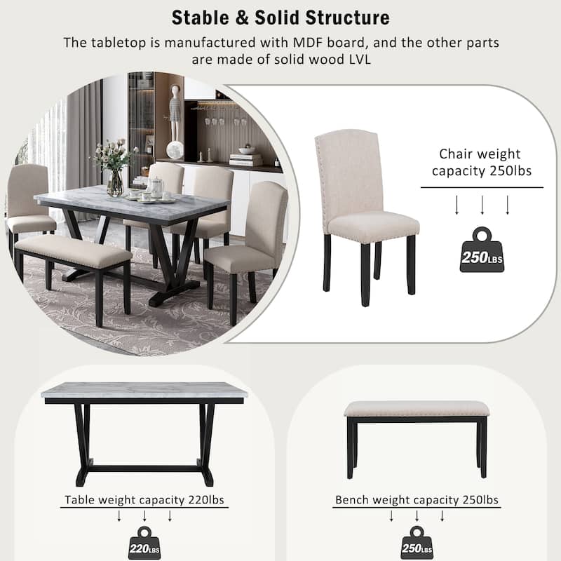 Modern 6-Piece Wooden Dining Table Set with Faux Marble Top & 4 Chairs