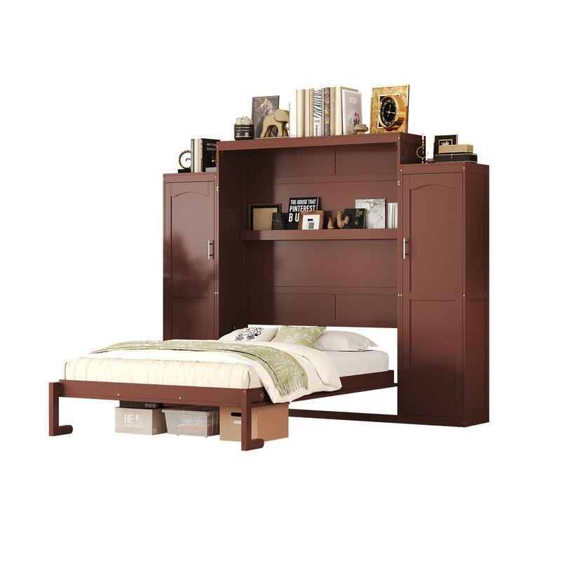 Queen Size Murphy Bed with Two Wardrobes and Multifunctional Foldable Platform Bedframe