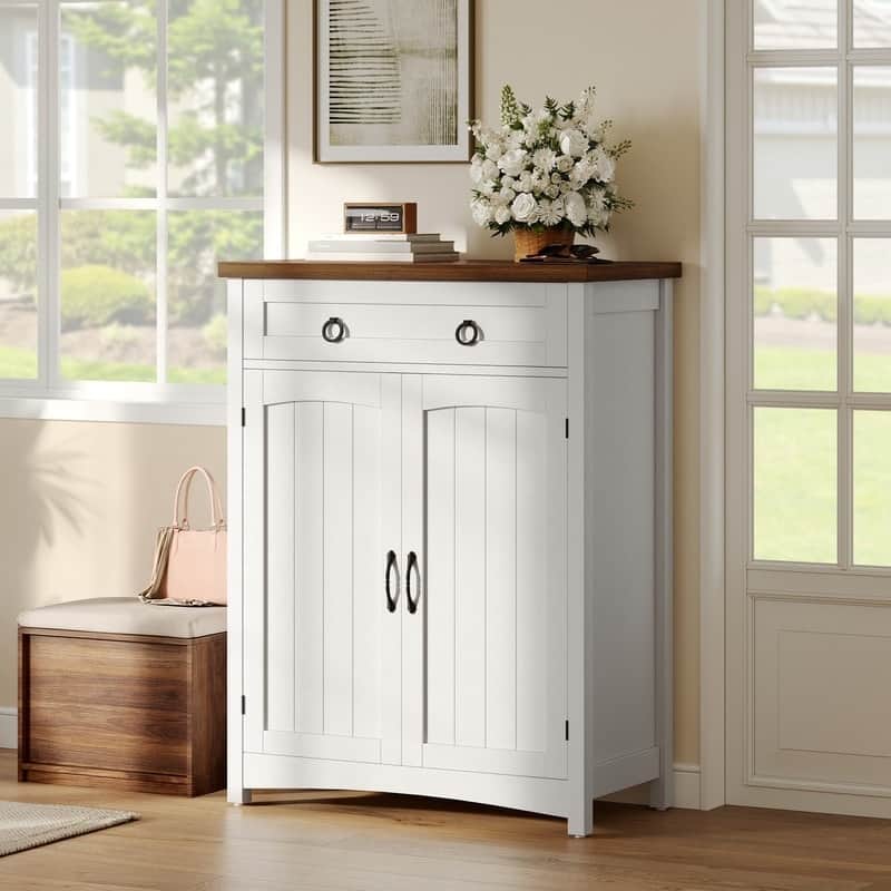 Moasis 5-tier 20 Pair Shoe Storage Cabinet with Double Doors for Entryway - Walnut Top+White w/Drawer