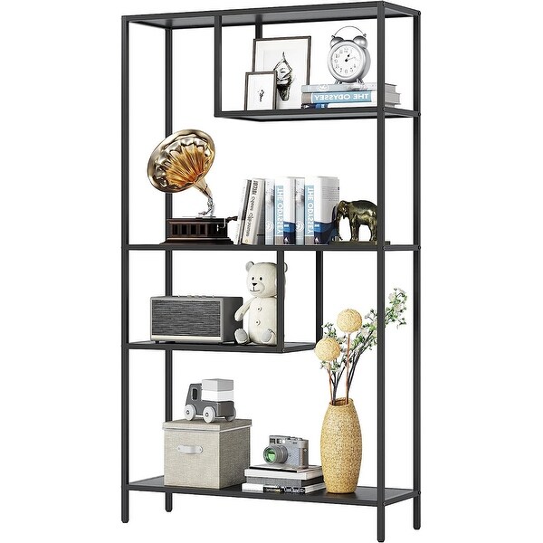 Yusong Corner Bookshelf, 5-Tier Square Bookcase, Elegant Curve Design