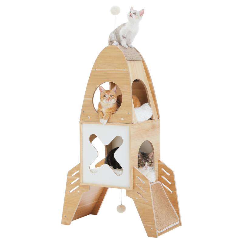 Modern Rocket Shape Multi-level Cat Tree with Condos & Dangling Balls