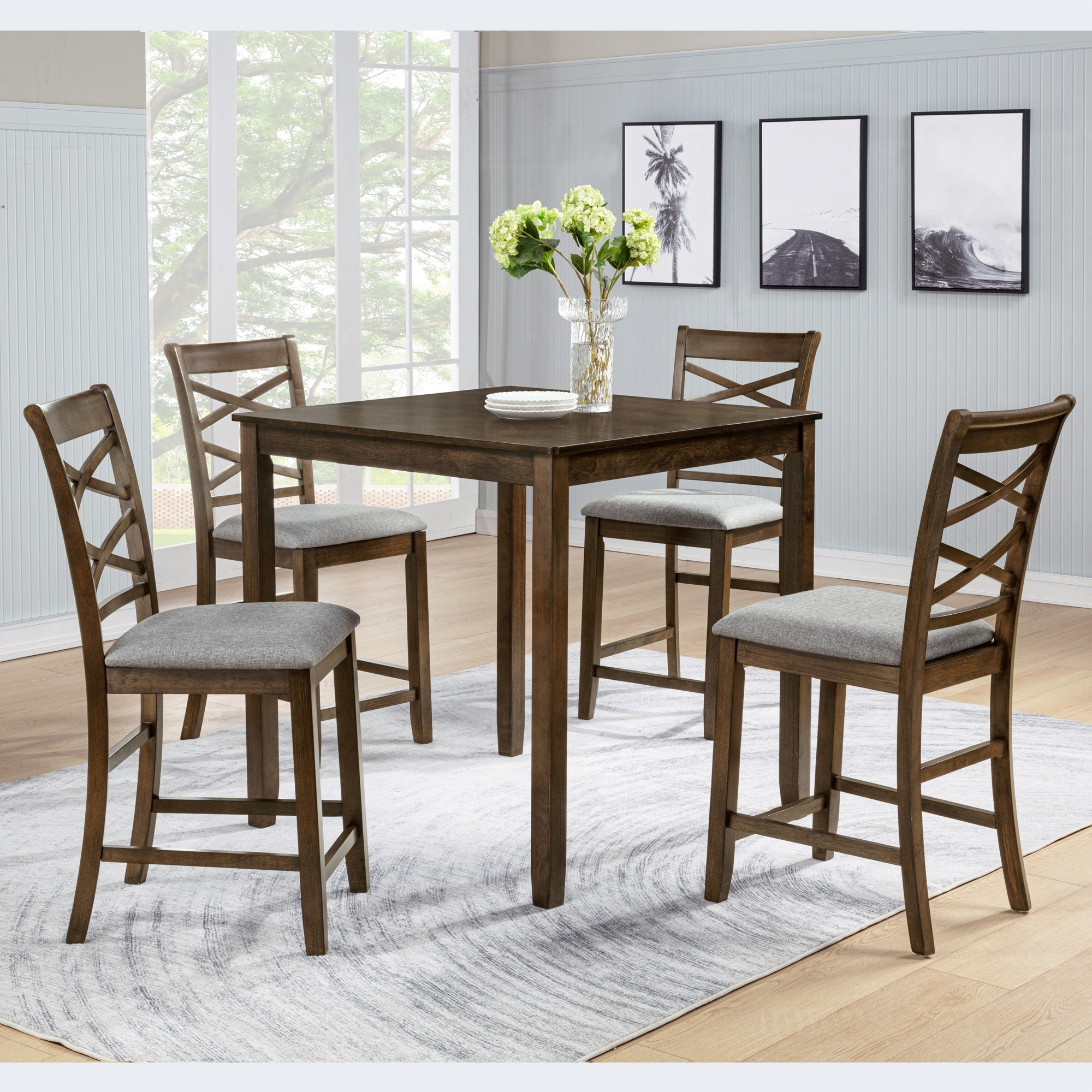 Modern 5-Piece Counter Height Dining Table Set with 4 Chairs, Wooden Counter Height Dining Table Set for 4 People