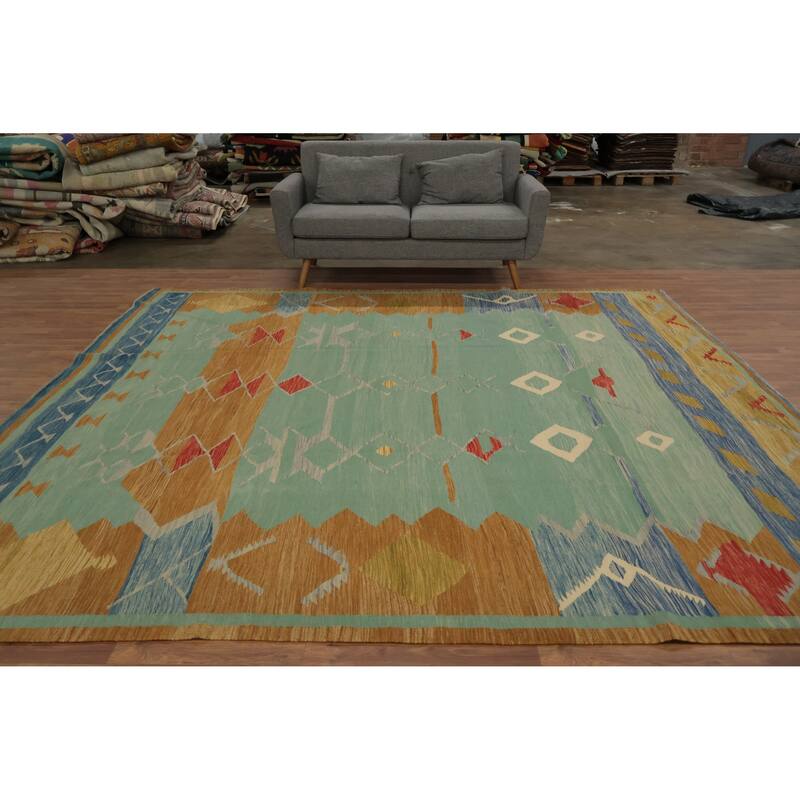 Hand Woven Oriental 100% Wool Carpet Southwestern Tribal Green Kilim Area Rug - 10' 4'' X 10' 0''