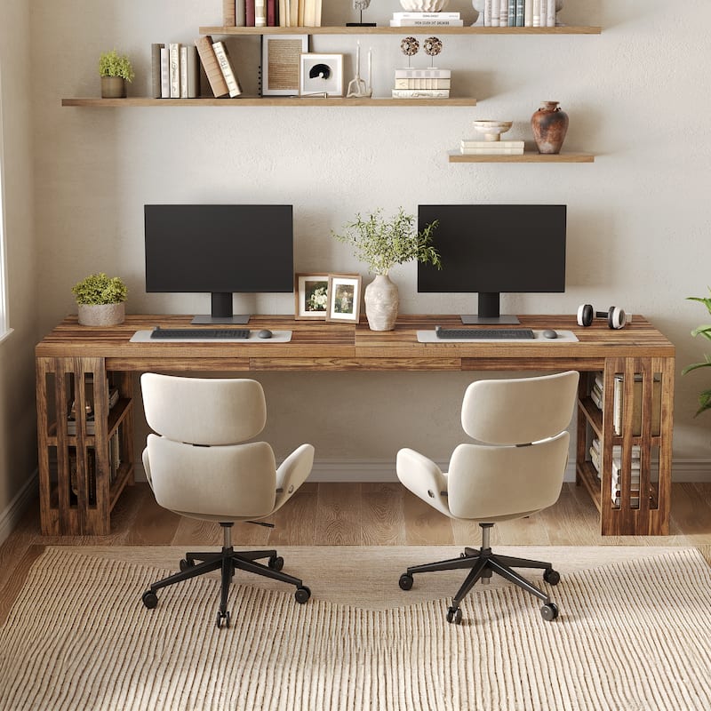 Two Person Desk with Bookshelf Computer Office Double Desk