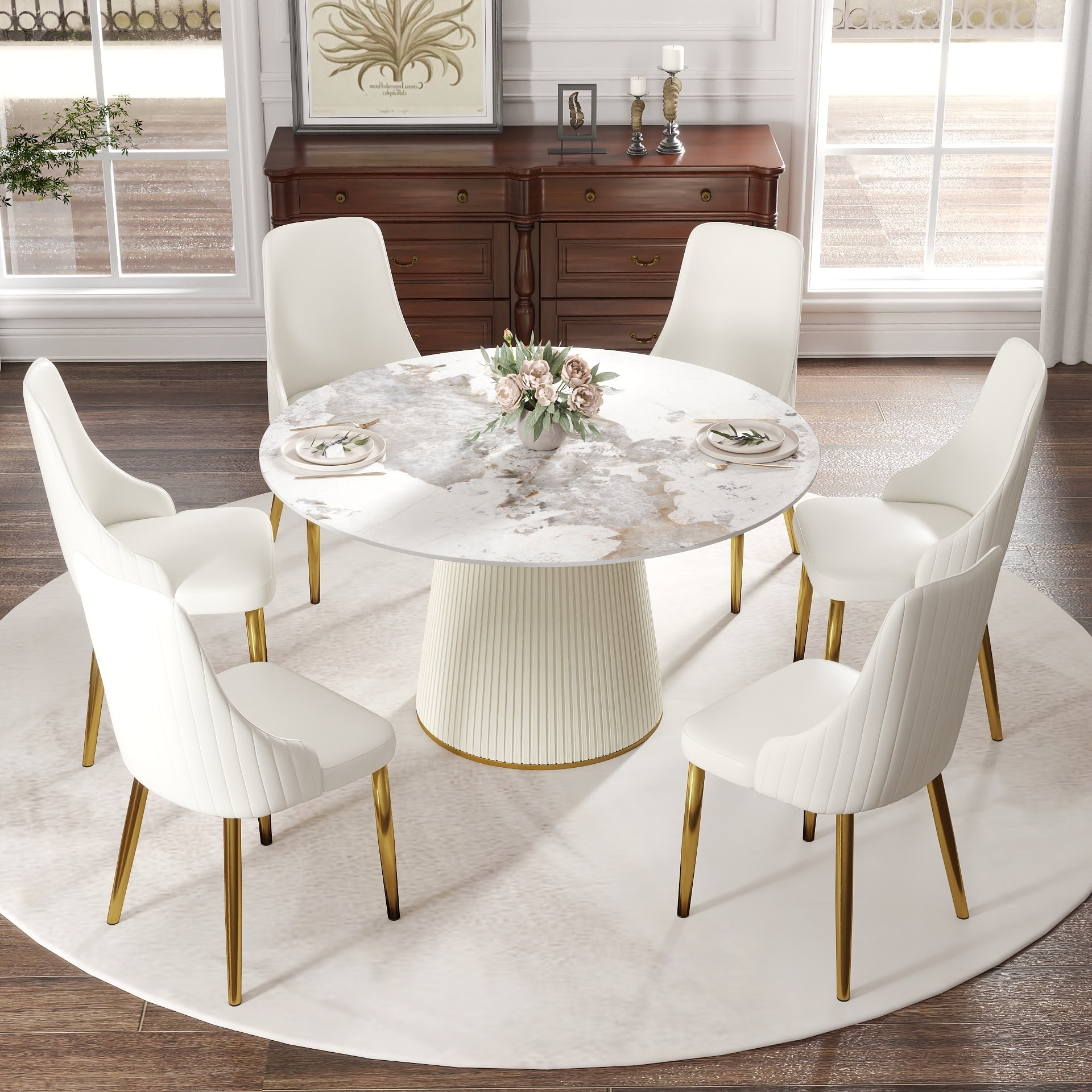 Modern Marble Dining Table, Contemporary Round Table, Round White Wood Base with PU Leather Finish