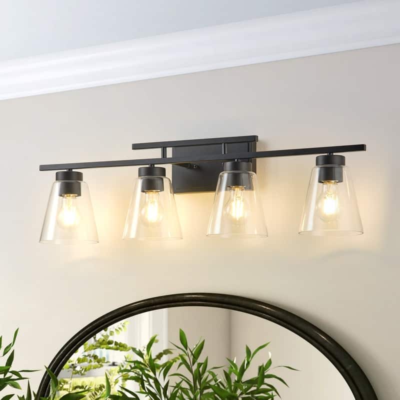4-Light Modern Bathroom Vanity Light Fixture, Brushed Black Wall Sconce with Frosted Glass Shades