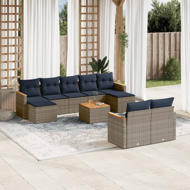 vidaXL 9/10 Piece Patio Sofa Set with Cushions Black/Gray Poly Rattan - 21.7 x 24.4 x 27.2