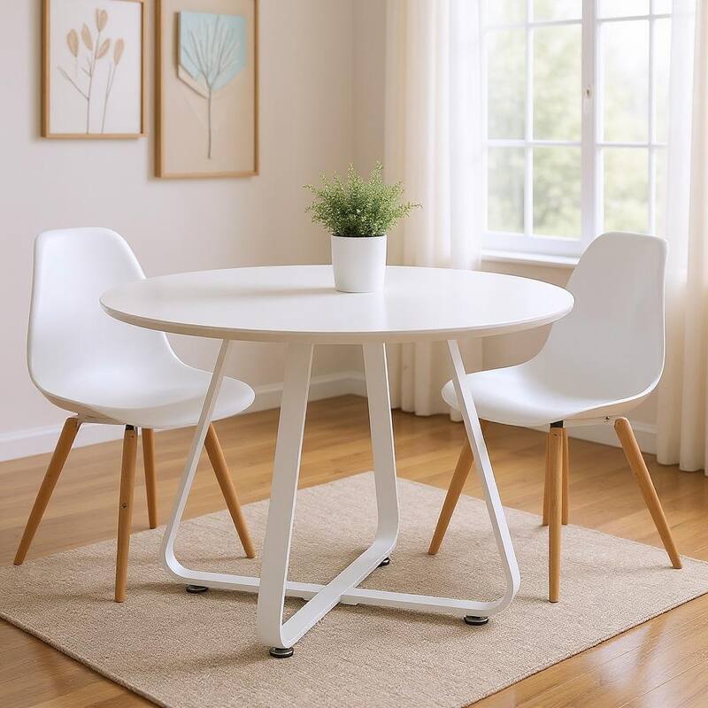 HomeRoots 43" White Wood and Metal Sled Base Round Top Dining Table - 43.00 in. x 30.00 in. x 43.00 in. - White - 43.00 in. x 30.00 in. x 43.00 in.