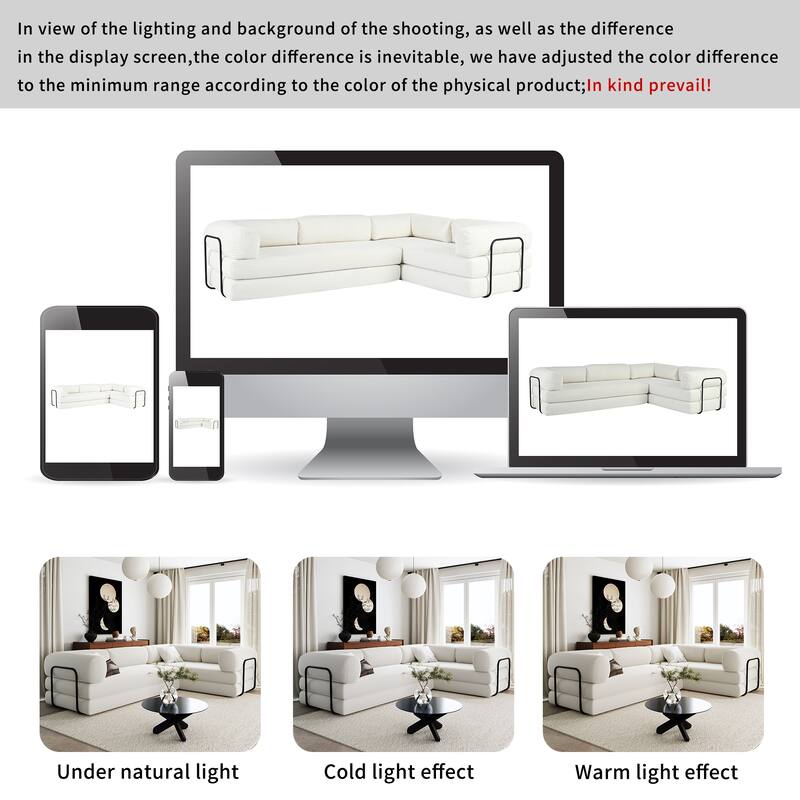 Roomfitters Modern L-Shaped Modular Sofa Bed, Corduroy Convertible Sleeper Sectional Couch with Industrial Metal Frame