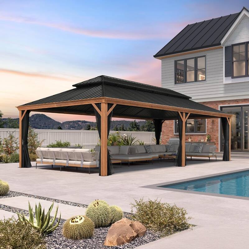 PURPLE LEAF Hardtop Gazebo Galvanized Steel Roof Gazebo Pergola w Wooden Coated Alumninum Frame and Mosquito Net - 14ft x 28ft - With lights