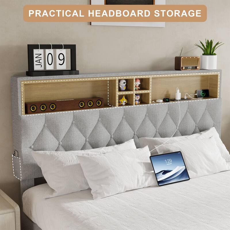 Queen Size Platform Bed Frame with Adjustable Storage Headboard, Built-In Charging Station, Sturdy No-Box Spring Design
