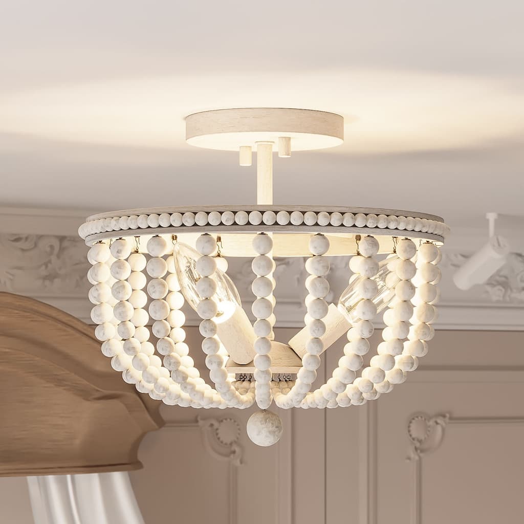 Cauhu 3-light Farmhouse Coastal Wood Beaded Semi Flush Mount Ceiling Lights -UL