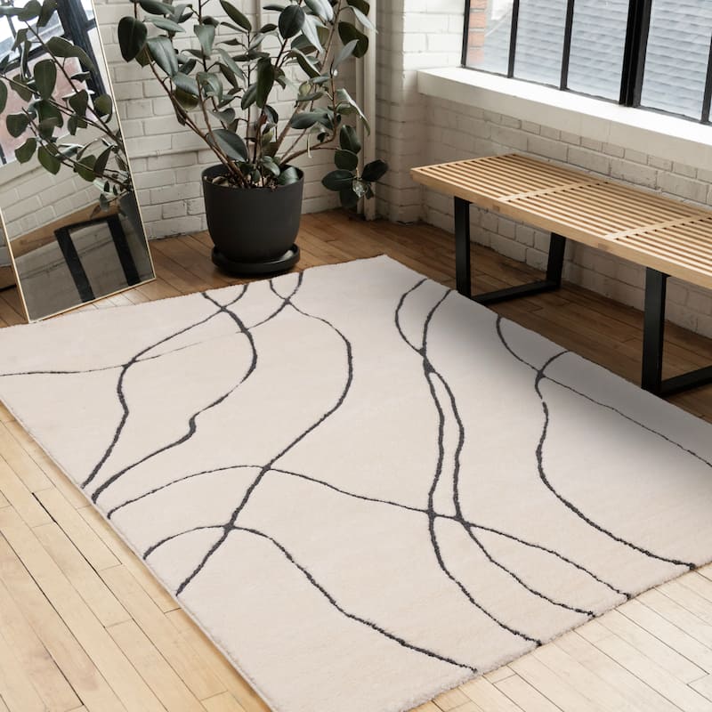 White Black Organic Lines Soft Textured Rug