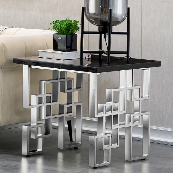 Modern End Table 23 inch Square Living Room Side Table with High Gloss Top and Mirrored Metal Geometric Base Bed Bath Beyond 39492664
