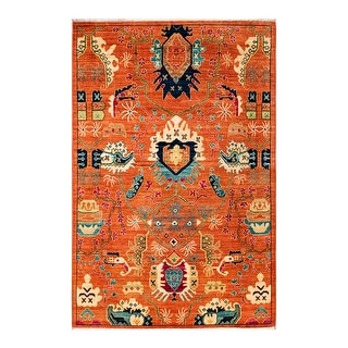 Hand Knotted Traditional Tribal Wool Orange Area Rug - 4' 0" x 6' 3"