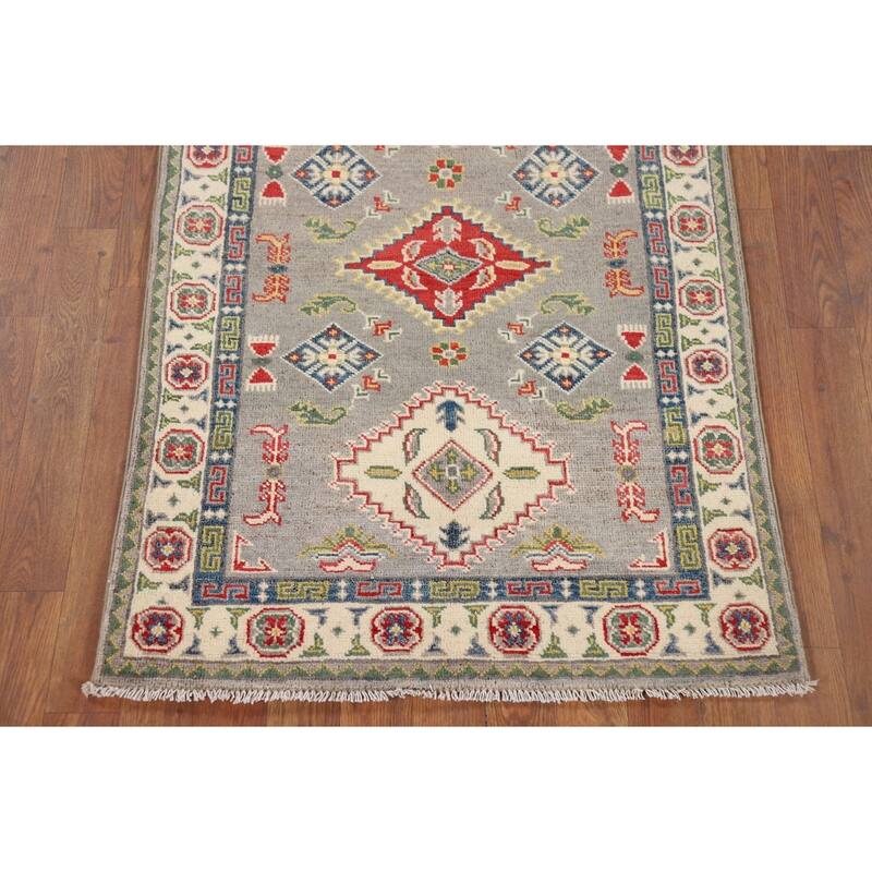 Gray Geometric Kazak Foyer Rug Hand-Knotted Oriental Wool Carpet - 2'8" x 4'1"