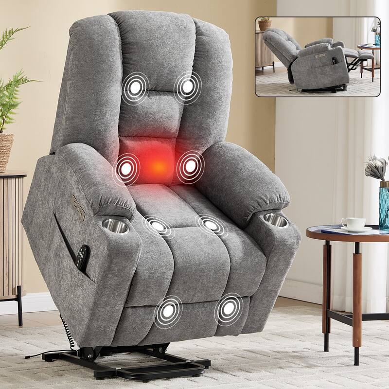 Power Lift Recliner Chair with Massage & Heat, Heavy Duty Electric Recliner, Recliner Chair with USB Ports & 2 Cup Holders